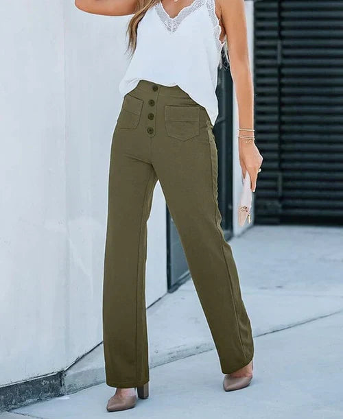 Pia – Pantaloni Vita Alta con Bottoni Donna Verde
