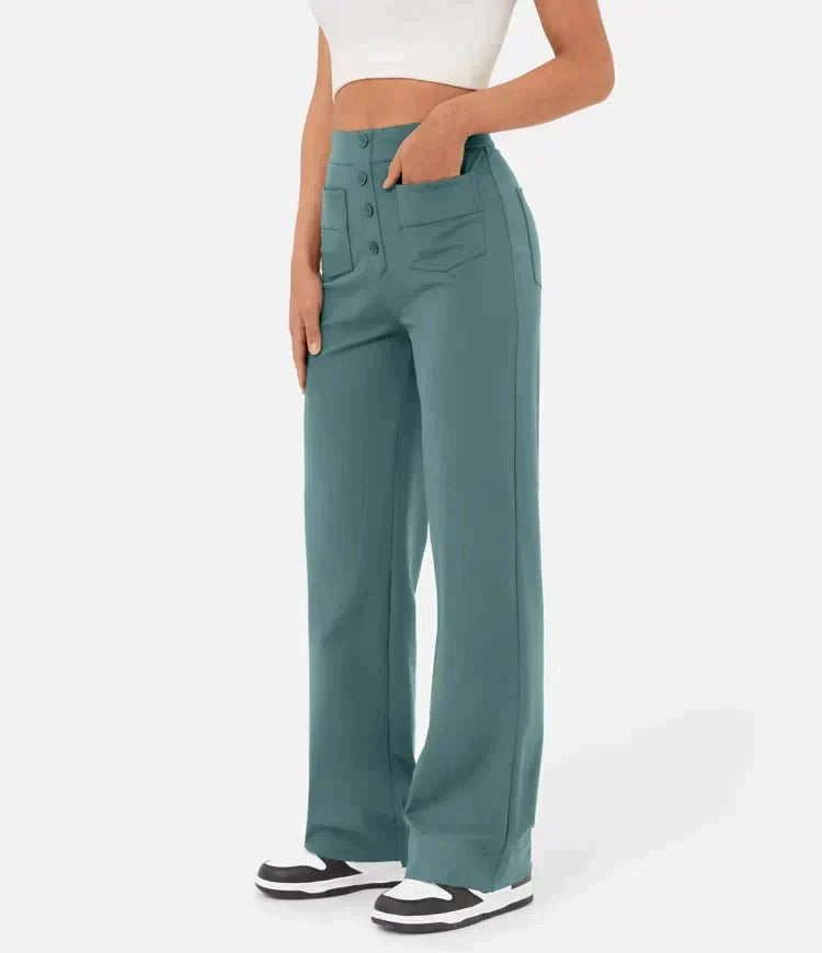 Pia – Pantaloni Vita Alta con Bottoni Donna Verde salvia