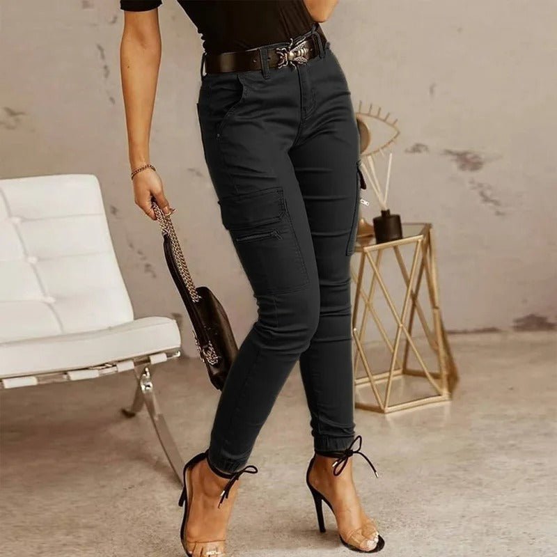 Quinella – Pantaloni Cargo Attillati da Jogging Donna Nero