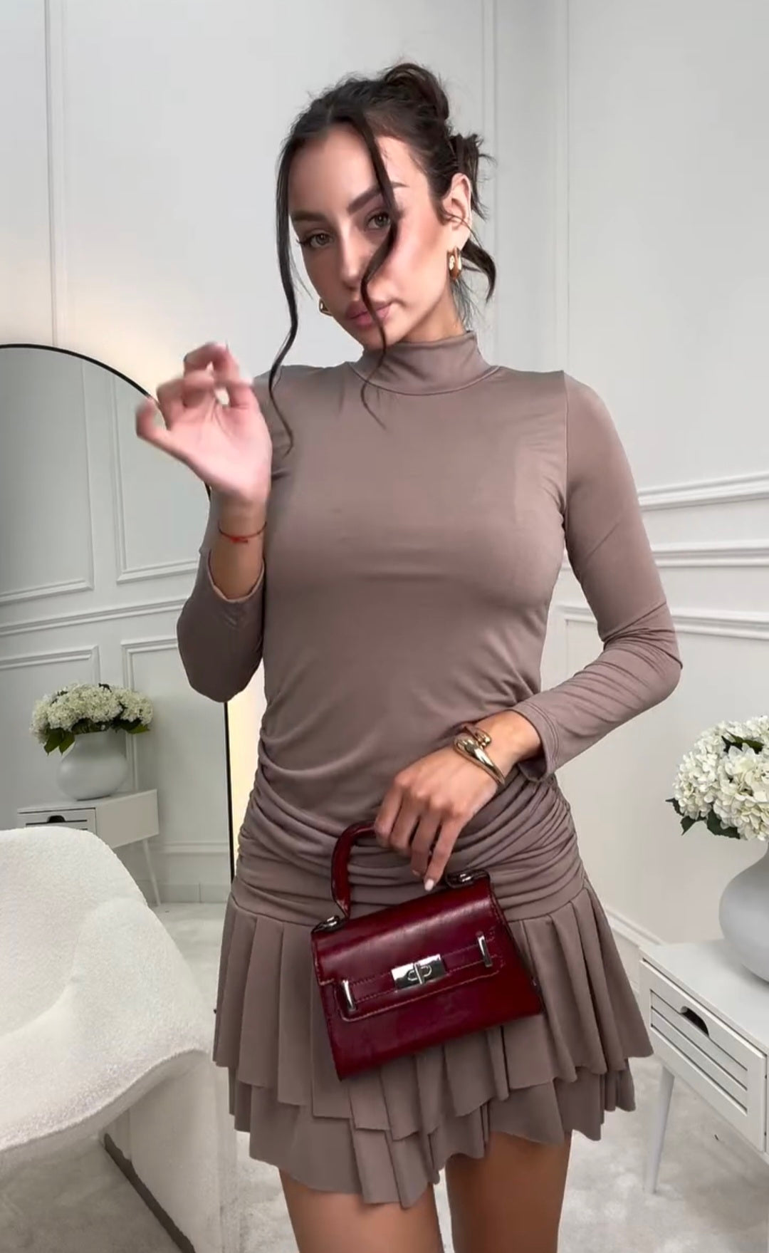 Rossana - Vestito elasticizzato con arricciature donna Marrone