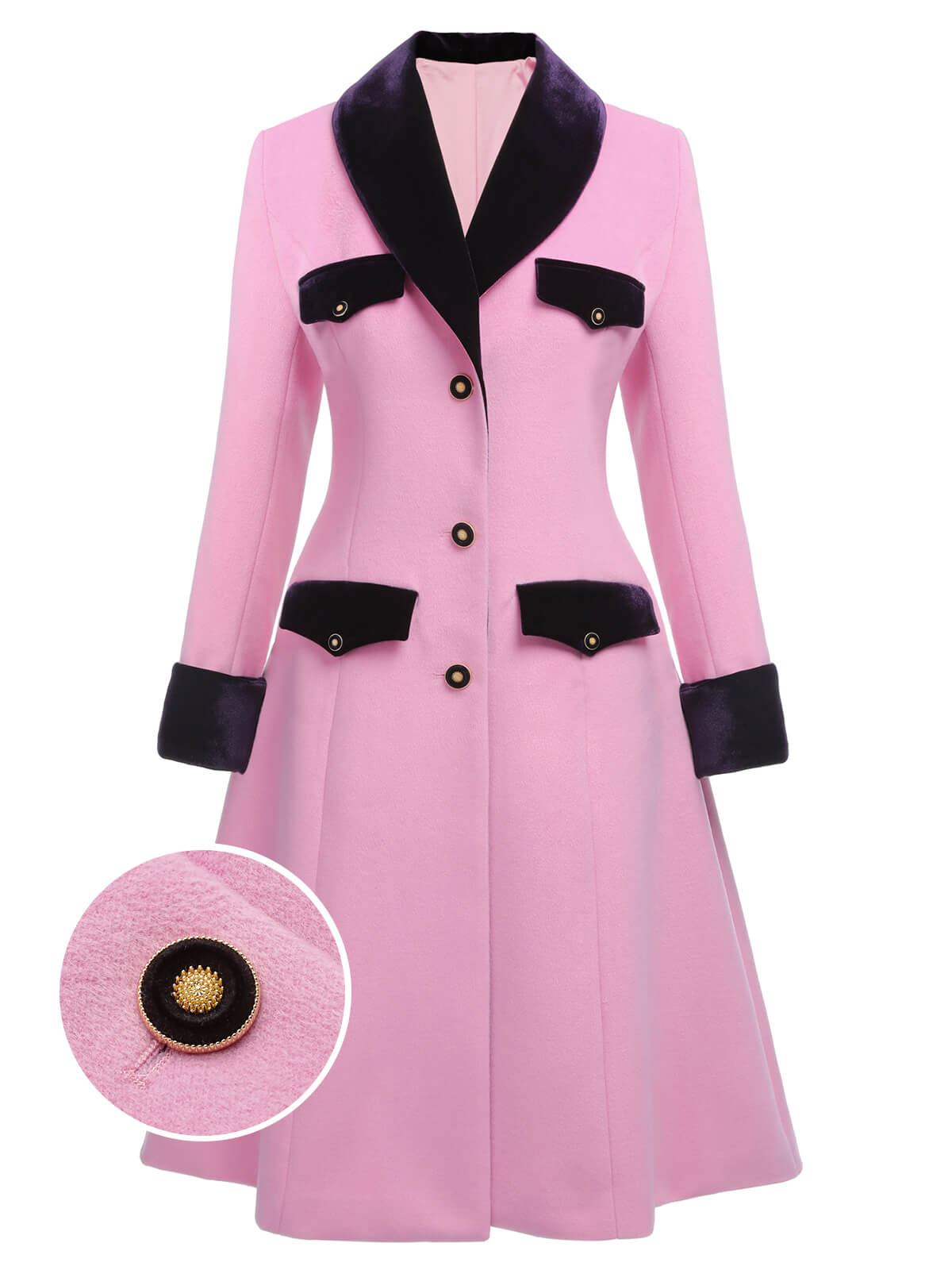 Eulalia - Cappotto rosa in velluto con bottoni patchwork