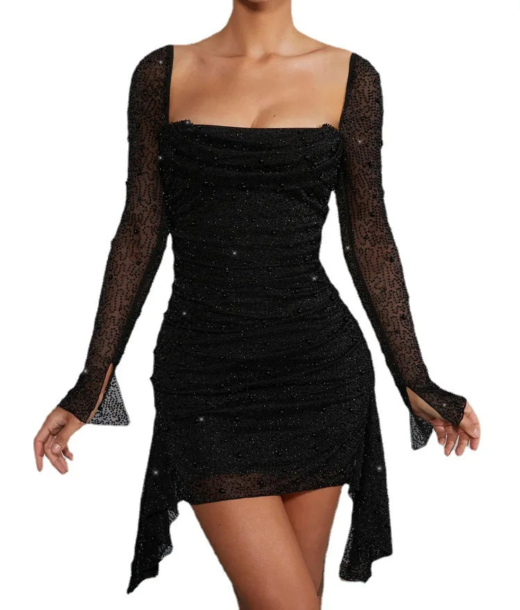 Tania - Abito elegante con perline maniche lunghe donna