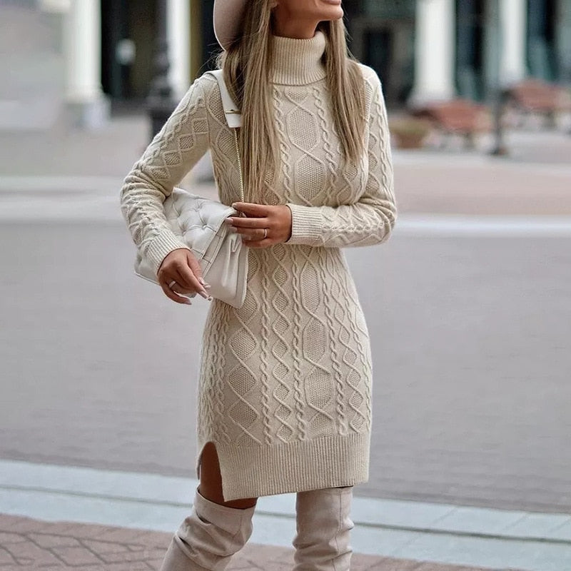 Irene - Abito Mini in Maglia con Collo Alto e Spacco