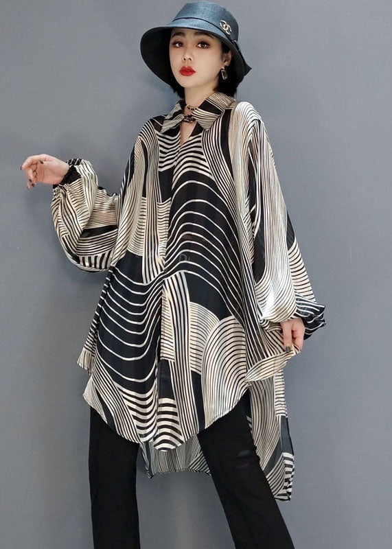 Severina - Blusa in chiffon a righe elegante donna Nero + Beige