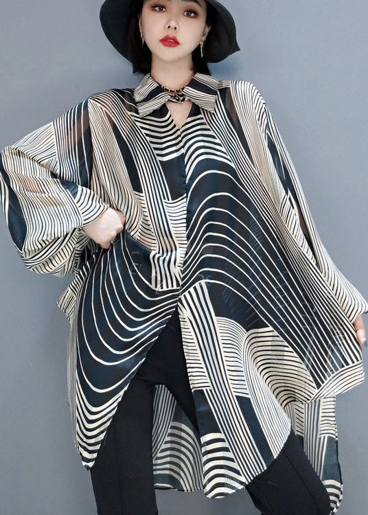 Severina - Blusa in chiffon a righe elegante donna Nero + Beige