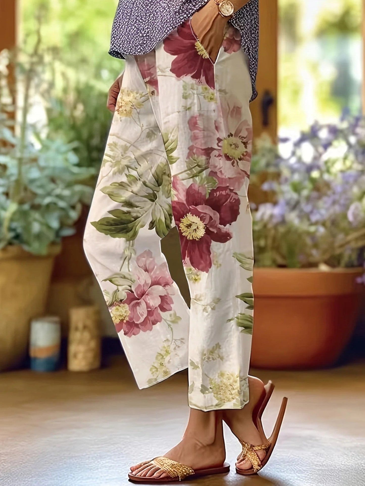 Sidonia - Pantaloni estivi floreali da donna Rosso Rosa