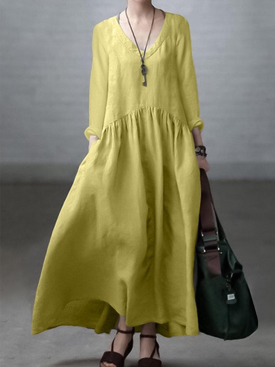 Silvana - Vestito ampio in cotone e lino con scollo a V donna Giallo