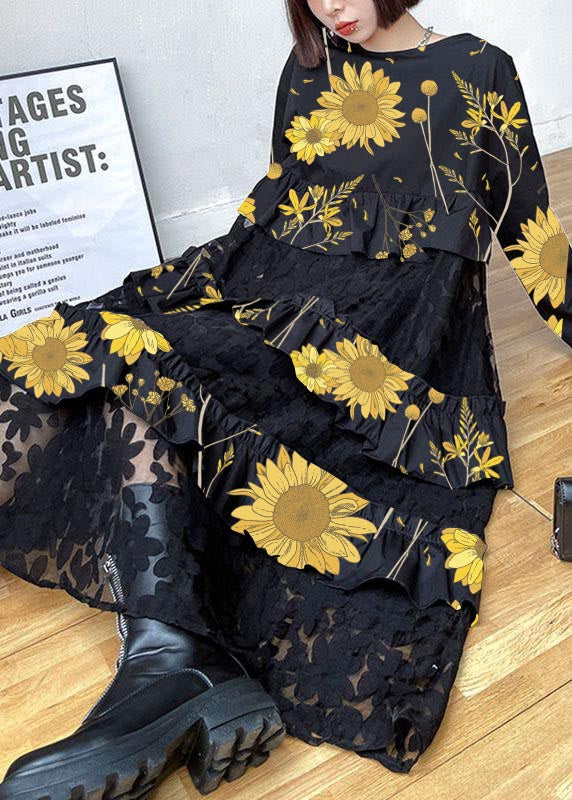 Siria - Vestito boho nero in pizzo con volant donna Giallo