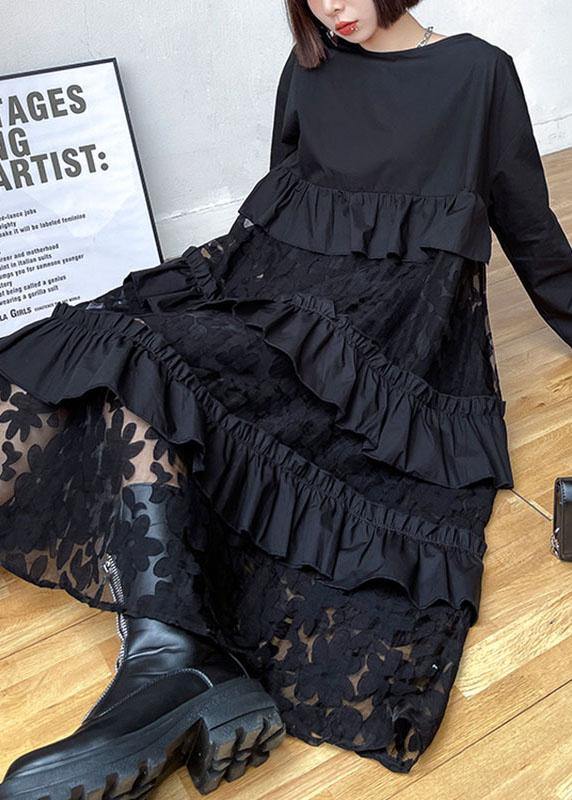 Siria - Vestito boho nero in pizzo con volant donna Nero
