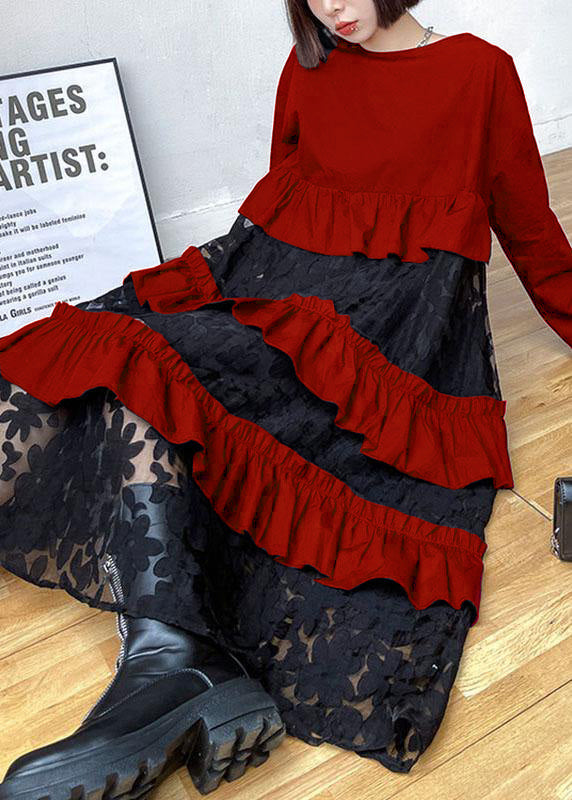 Siria - Vestito boho nero in pizzo con volant donna Rosso