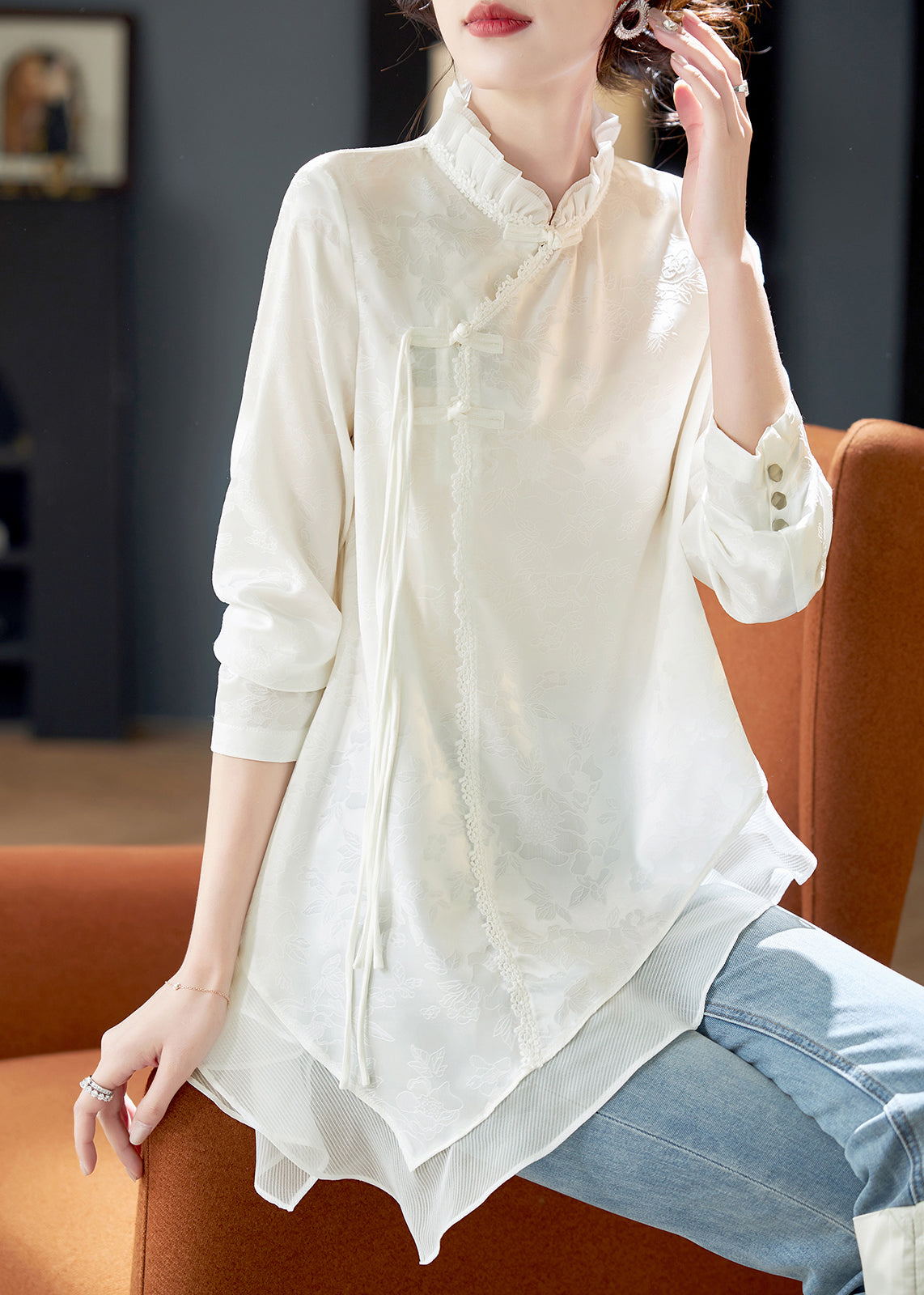 Sondra - Blusa bianca elegante in chiffon con volant donna Bianco