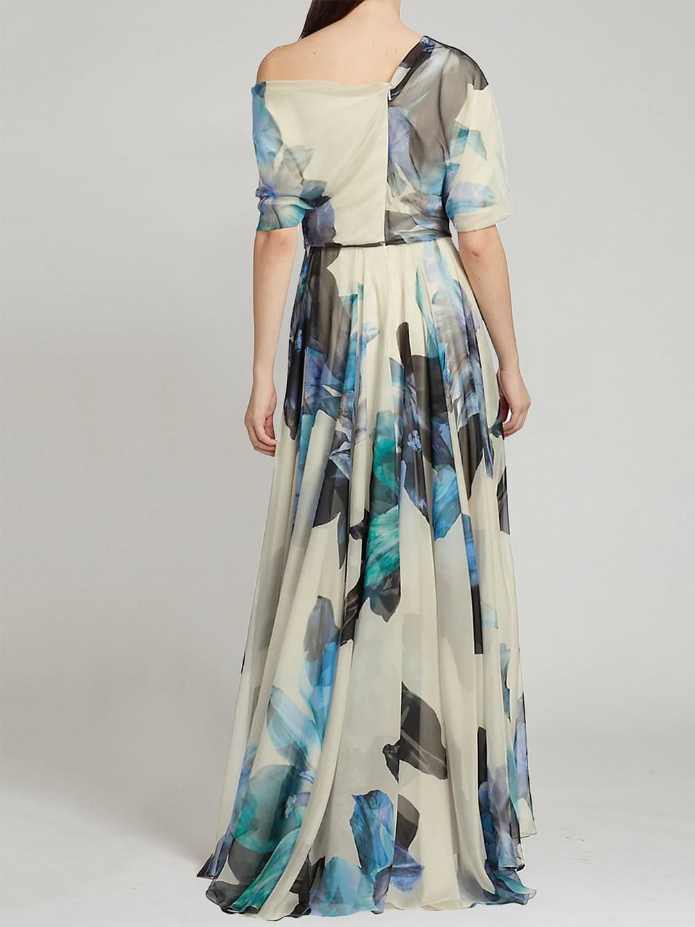 Ugolina - Abito lungo monospalla in chiffon stampato donna Blu