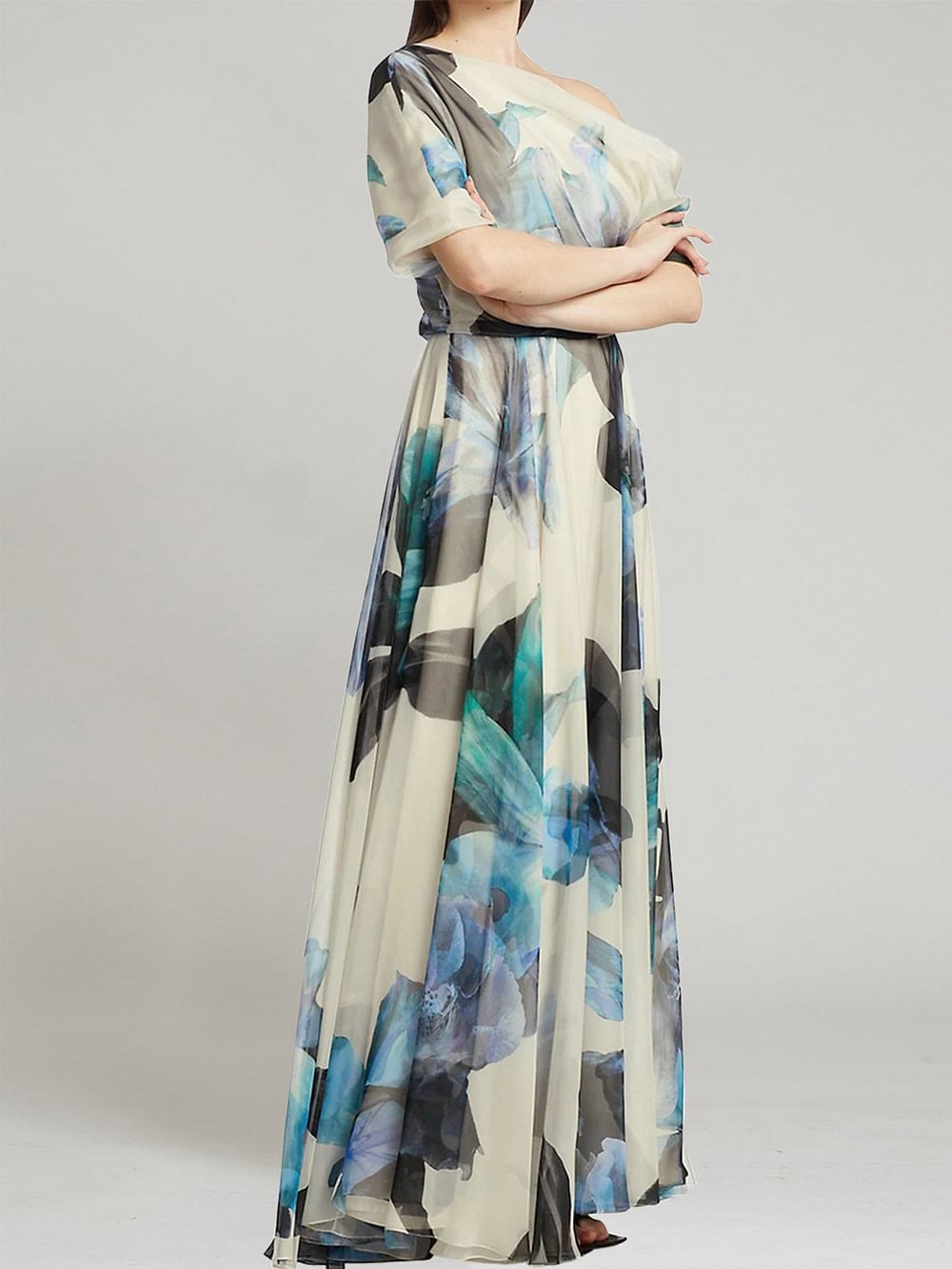 Ugolina - Abito lungo monospalla in chiffon stampato donna Blu