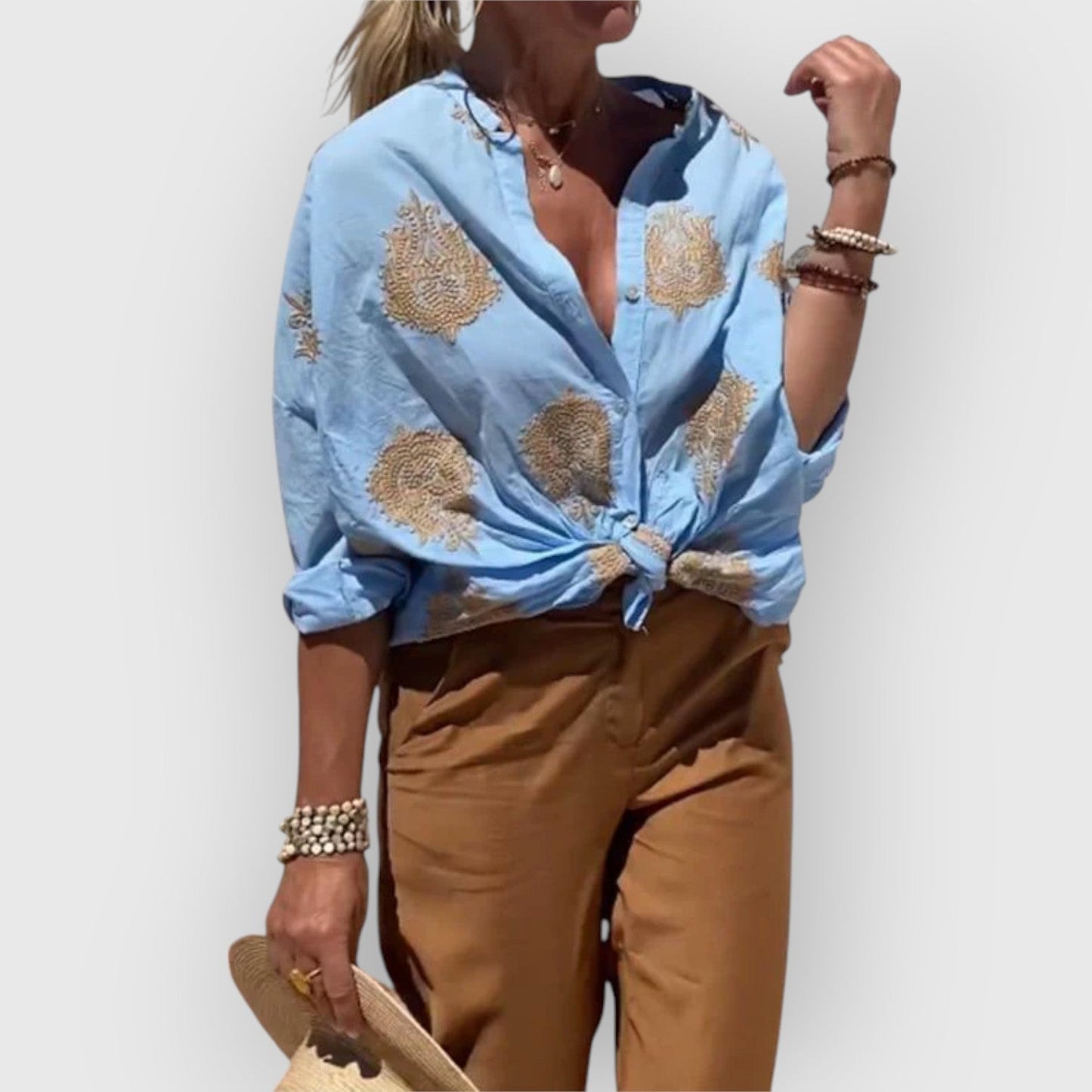 Uliana- Camicia Ricamata con Bottoni Blu