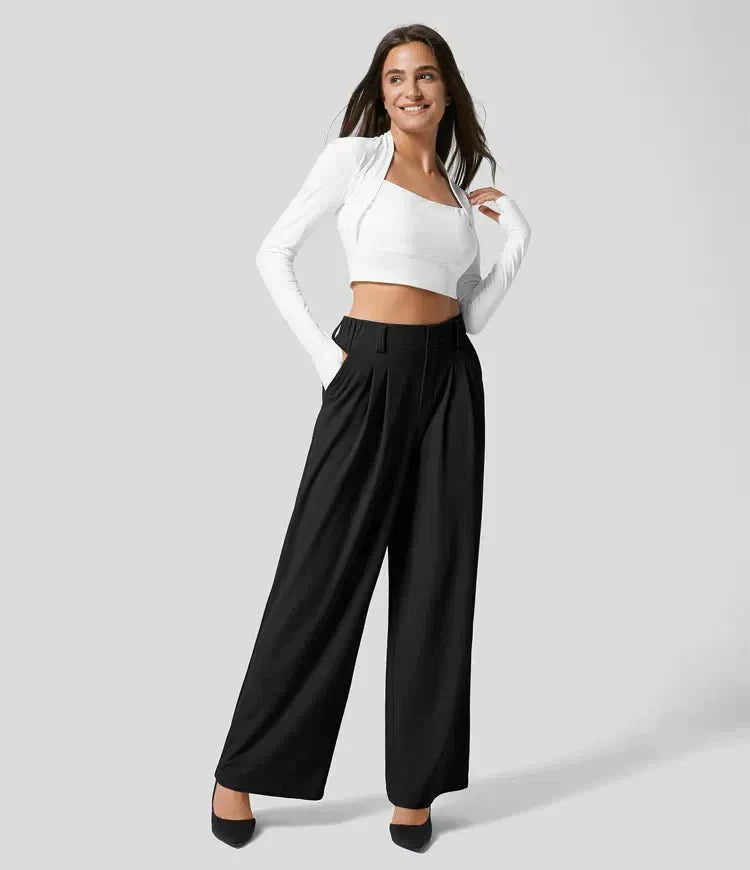 Edvige – Pantaloni Donna a Gamba Larga con Pieghe ed Elastico in Vita