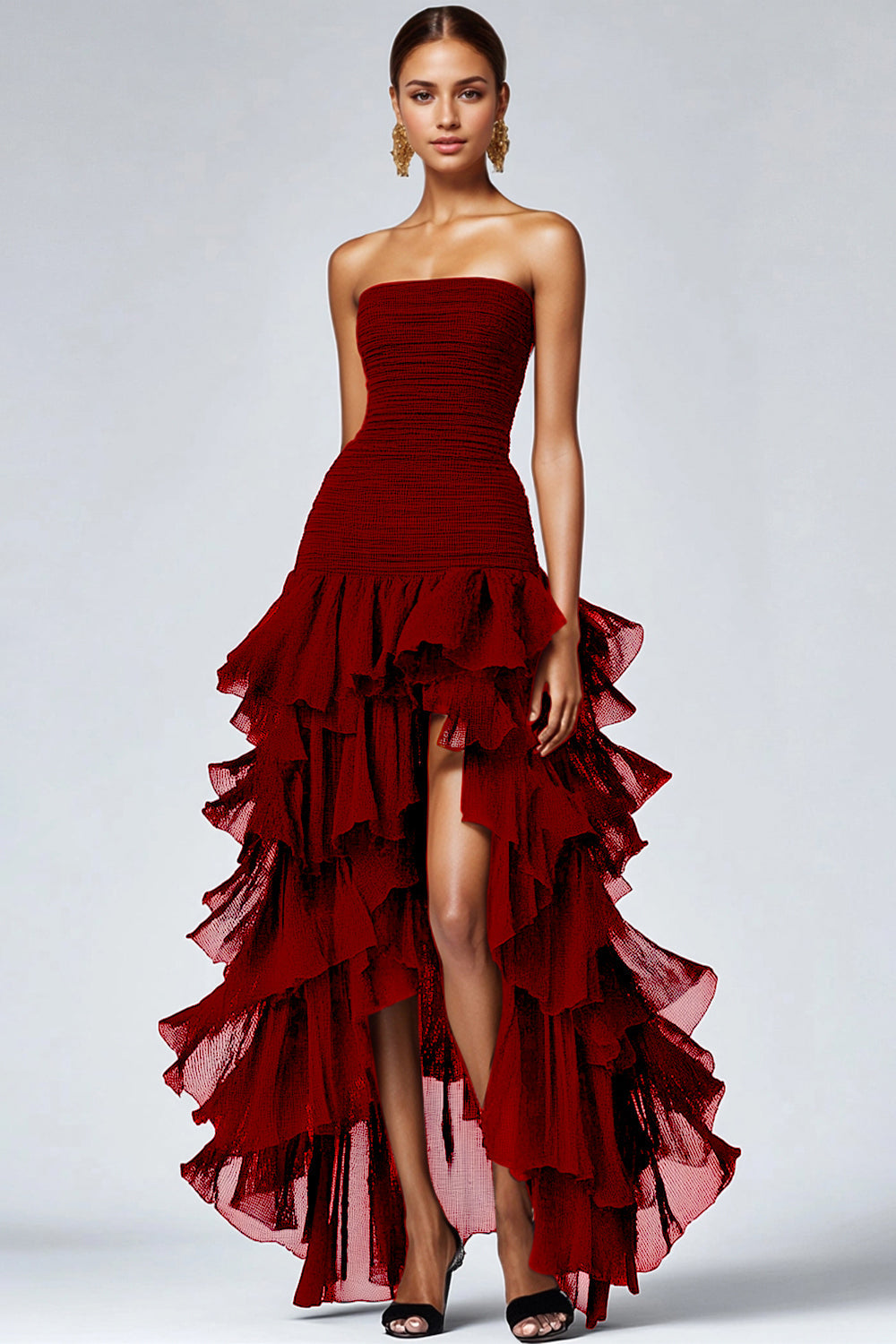 Ursina - Abito formale nero in tulle con volant donna Borgogna