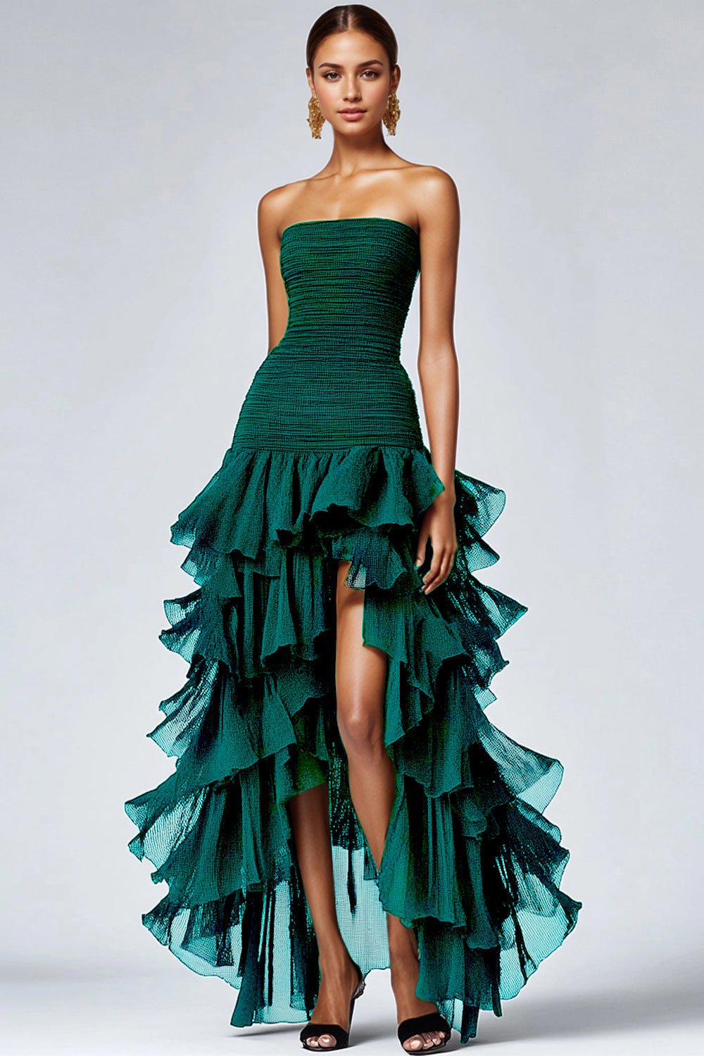 Ursina - Abito formale nero in tulle con volant donna Verde scuro