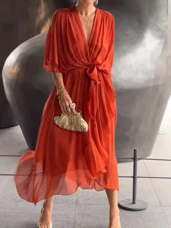 Veronika- Elegantes und stilvolles Kleid aus Seidenmusselin V-Ausschnitt Arancione