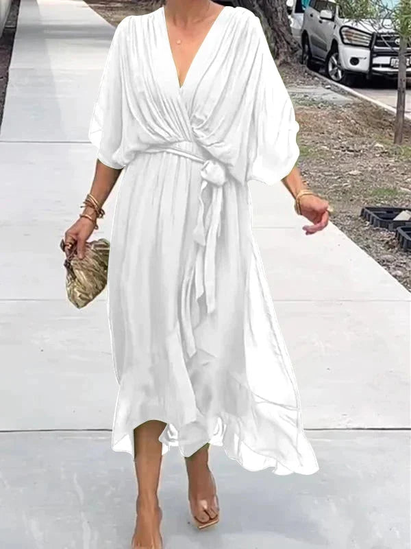 Veronika- Elegantes und stilvolles Kleid aus Seidenmusselin V-Ausschnitt Bianco