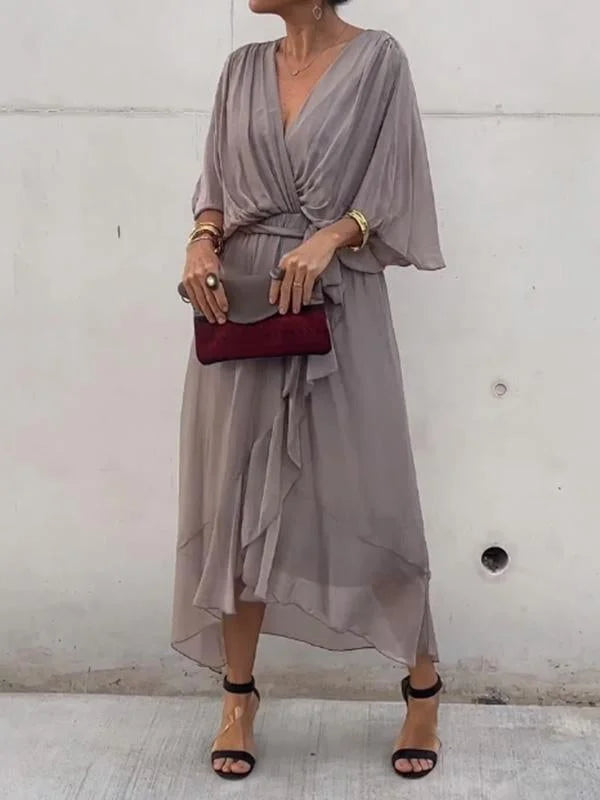 Veronika- Elegantes und stilvolles Kleid aus Seidenmusselin V-Ausschnitt Grigio