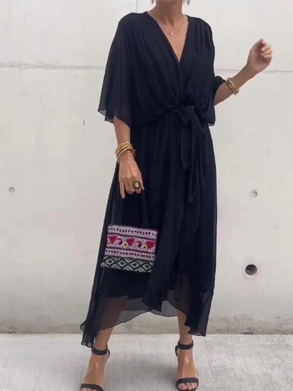 Veronika- Elegantes und stilvolles Kleid aus Seidenmusselin V-Ausschnitt Nero