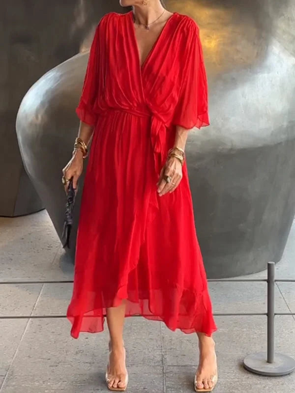 Veronika- Elegantes und stilvolles Kleid aus Seidenmusselin V-Ausschnitt Rosso