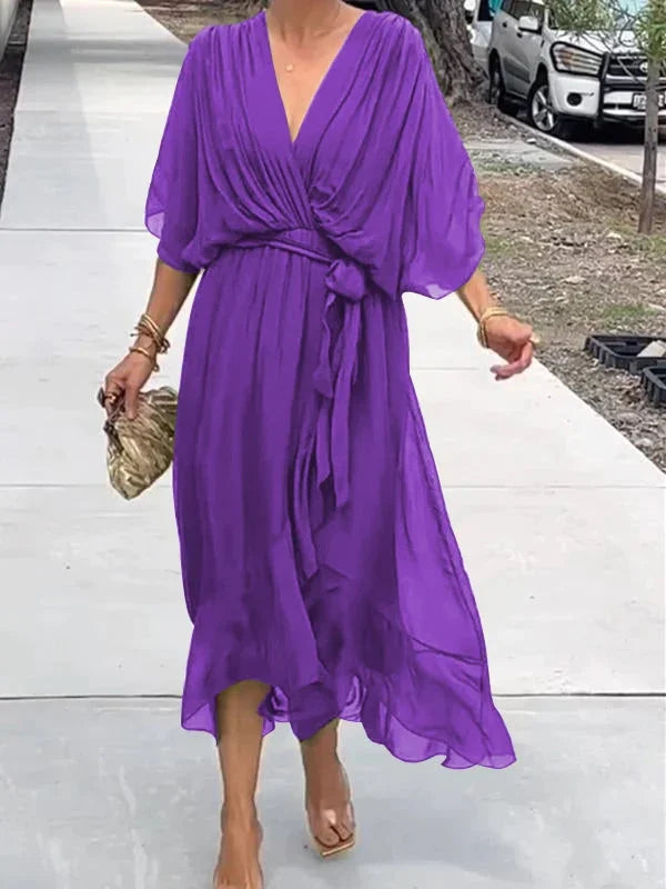 Veronika- Elegantes und stilvolles Kleid aus Seidenmusselin V-Ausschnitt Viola