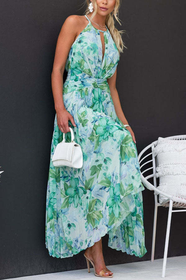 Victoire- Abito midi plissettato con scollo a goccia e fiori Verde 1