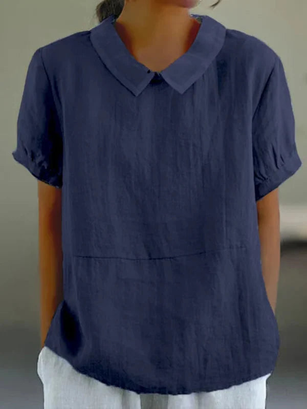 Vilhelmiina- Top in cotone e lino a tinta unita Bleu Foncé