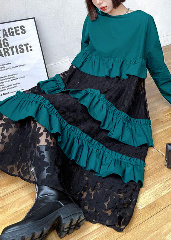 Siria - Vestito boho nero in pizzo con volant donna