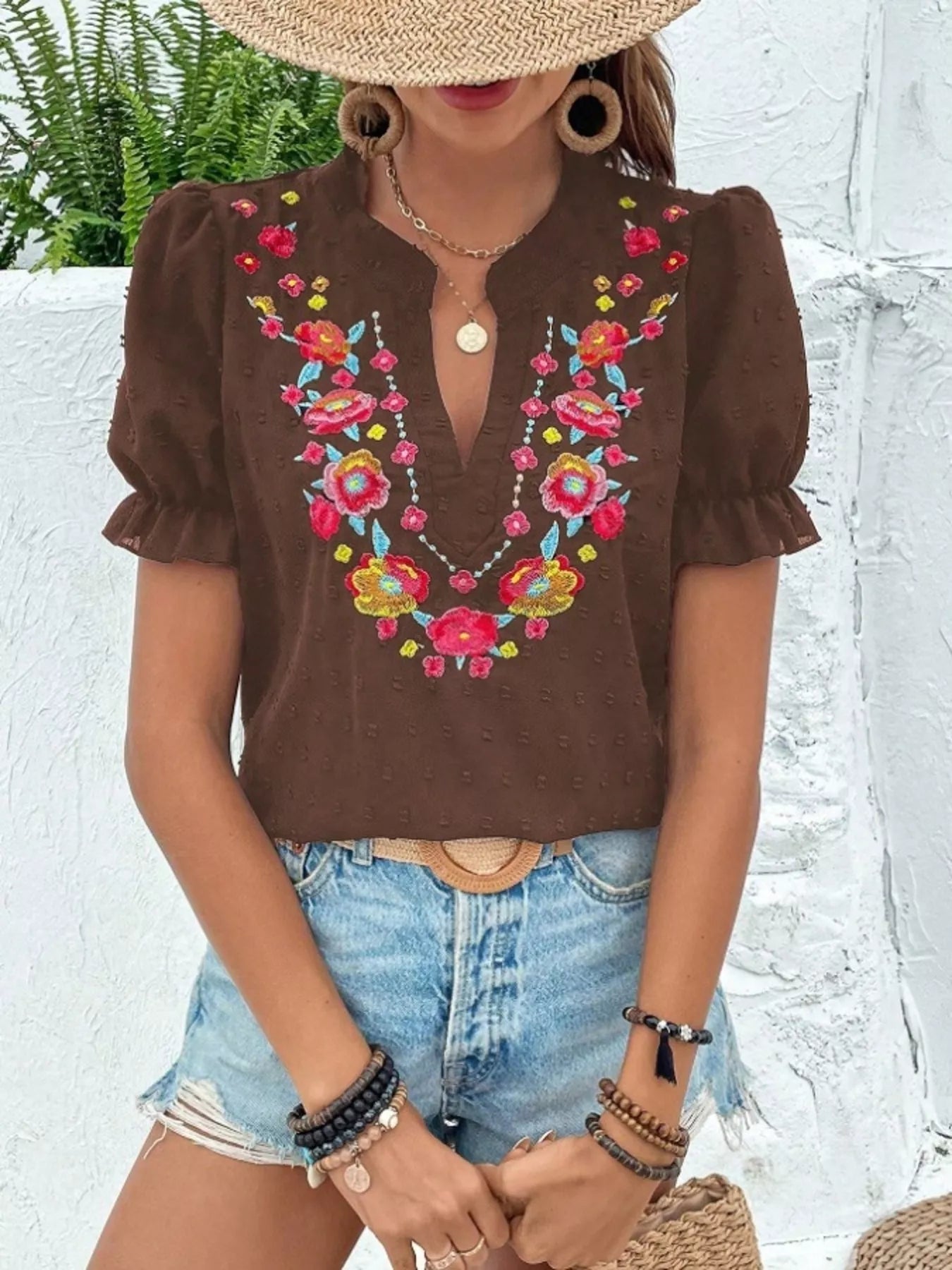 Klea - Blusa Donna Maniche Sbuffo Ricamo Floreale Elegante