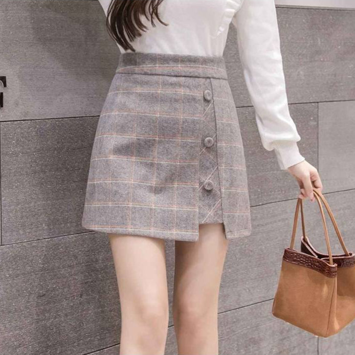 Tatiana – Gonna A-Line Quadri Bottoni Decorativi Autunnale
