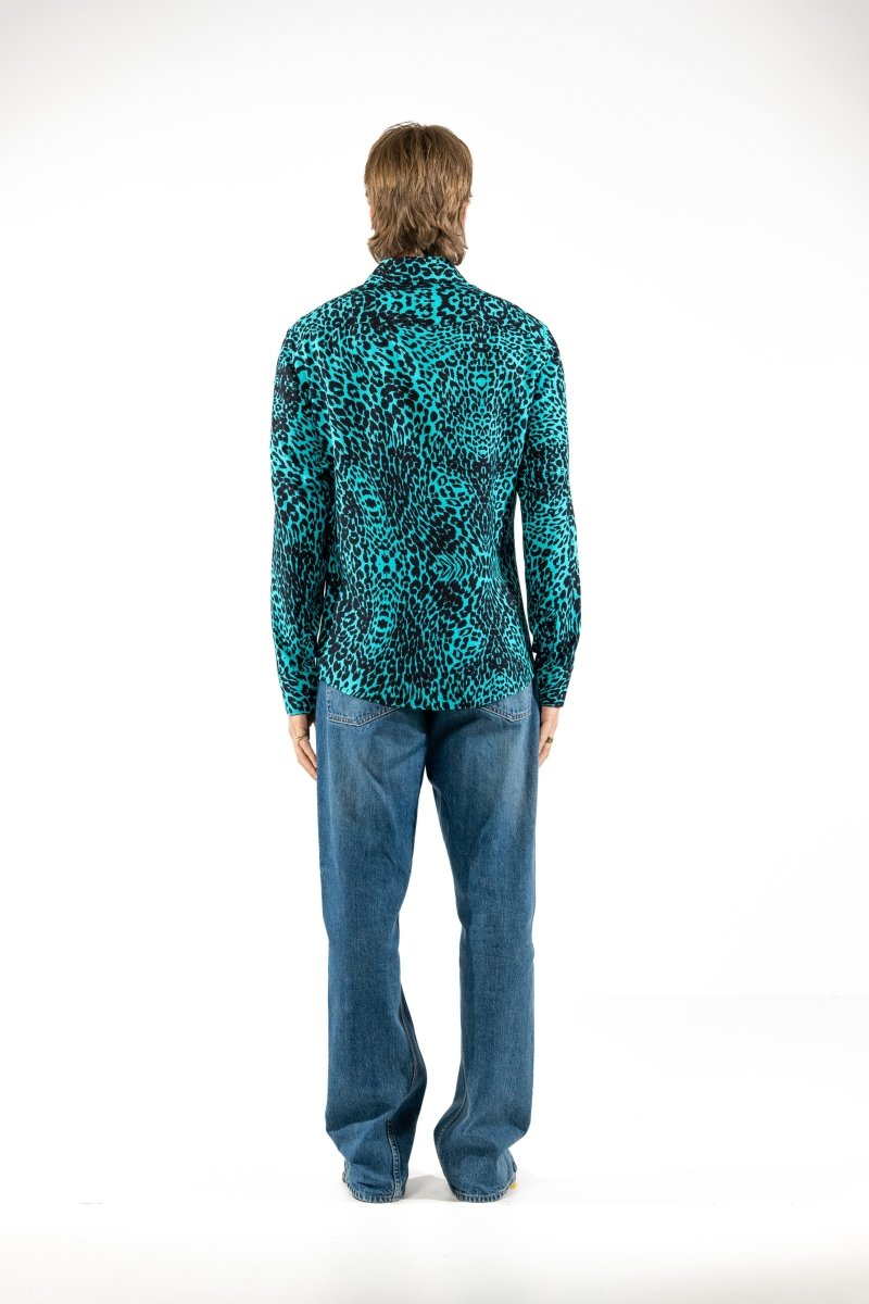 Renatus - Camicia Uomo Azzurra Stampa Leopardata Moderna