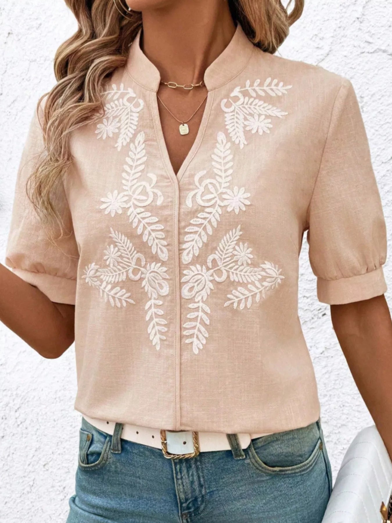 Kostanza - Blusa Donna Ricamata Scollo Manica Corta Chic