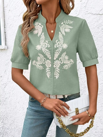 Kostanza - Blusa Donna Ricamata Scollo Manica Corta Chic