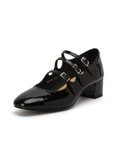 Diana – Mary Jane Donna Tacco Chunky Punta Quadrata in Pelle Vintage