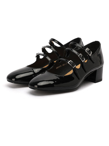 Diana – Mary Jane Donna Tacco Chunky Punta Quadrata in Pelle Vintage