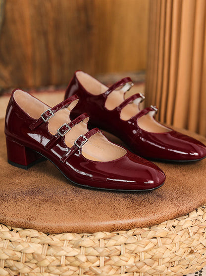 Diana – Mary Jane Donna Tacco Chunky Punta Quadrata in Pelle Vintage