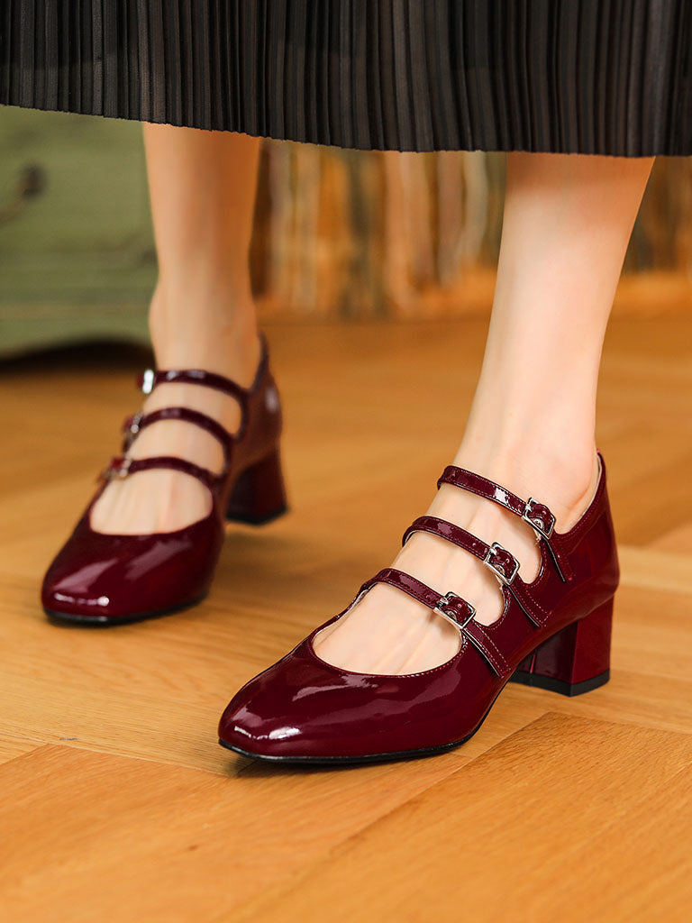 Diana – Mary Jane Donna Tacco Chunky Punta Quadrata in Pelle Vintage