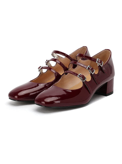 Diana – Mary Jane Donna Tacco Chunky Punta Quadrata in Pelle Vintage