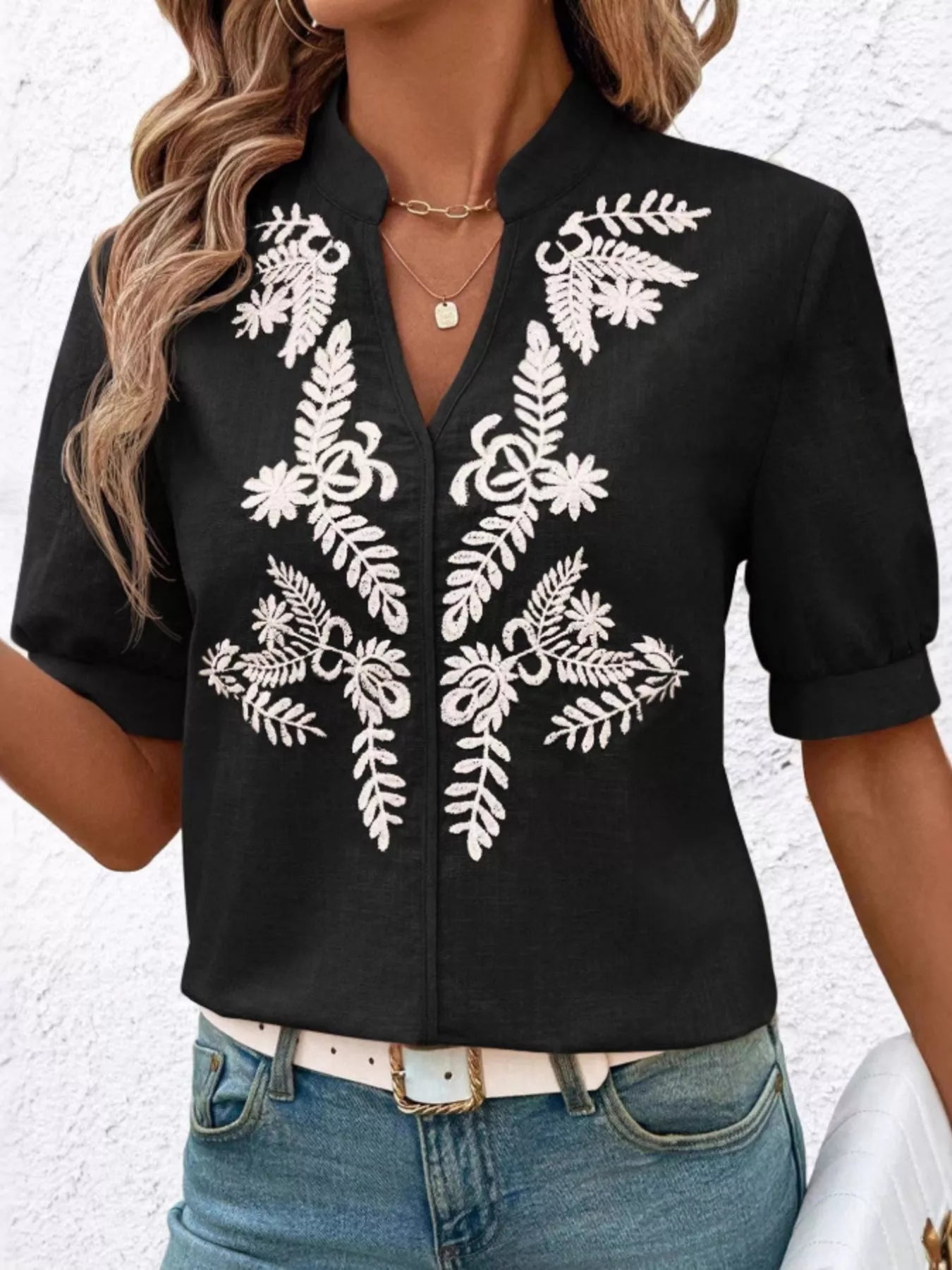 Kostanza - Blusa Donna Ricamata Scollo Manica Corta Chic