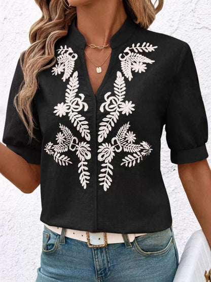 Kostanza - Blusa Donna Ricamata Scollo Manica Corta Chic