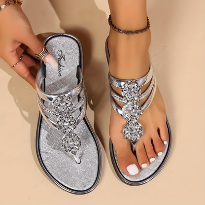 Mattea - Sandali donna flat T-strap strass eleganti