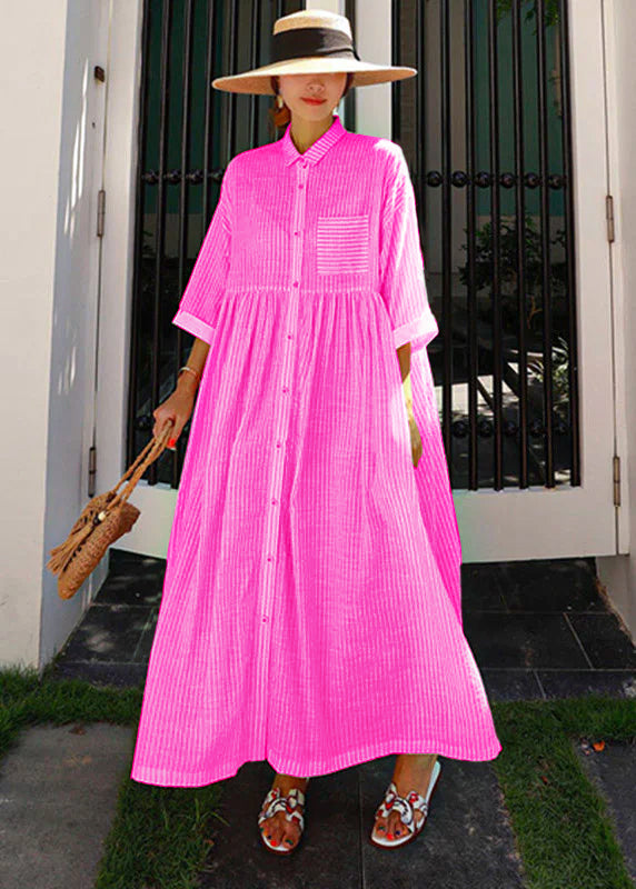 Zelia - Abito Lungo Rosa Boho Colletto Peter Pan