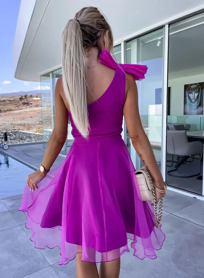 Giorgia - Abito Corto Monospalla Fiocco Tulle Plissettato Donna