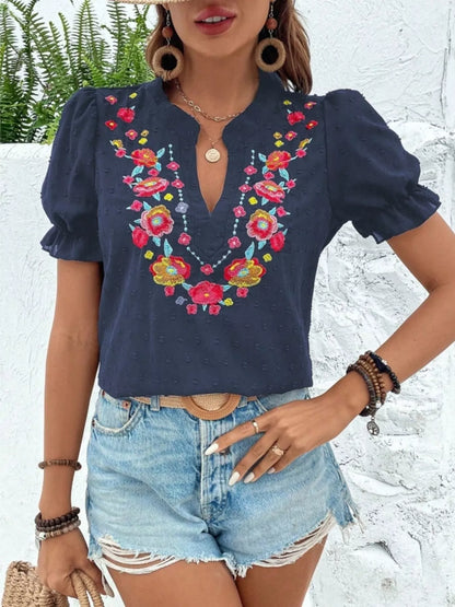 Klea - Blusa Donna Maniche Sbuffo Ricamo Floreale Elegante