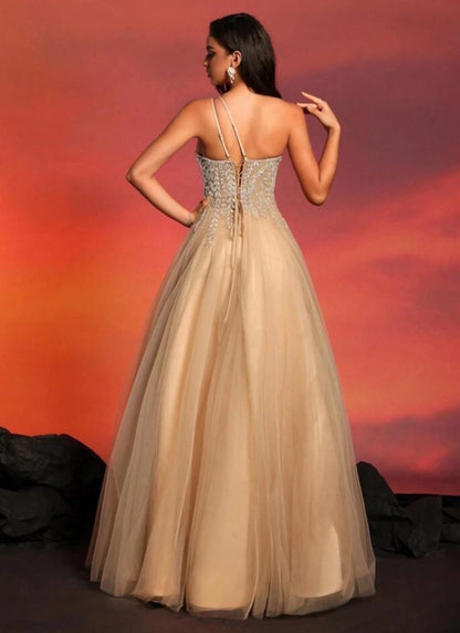 Greta - Abito Lungo Monospalla Paillettes Perline Tulle Donna