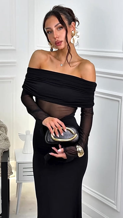 Giacinta - Abito Lungo Scollo Barca Trasparenza Donna