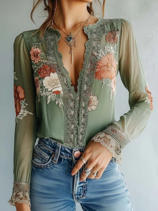 Kleofatra - Blusa Donna Floreale Dettaglio Pizzo Elegante