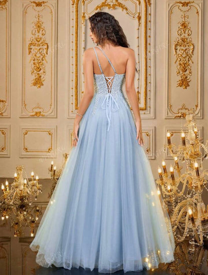 Greta - Abito Lungo Monospalla Paillettes Perline Tulle Donna
